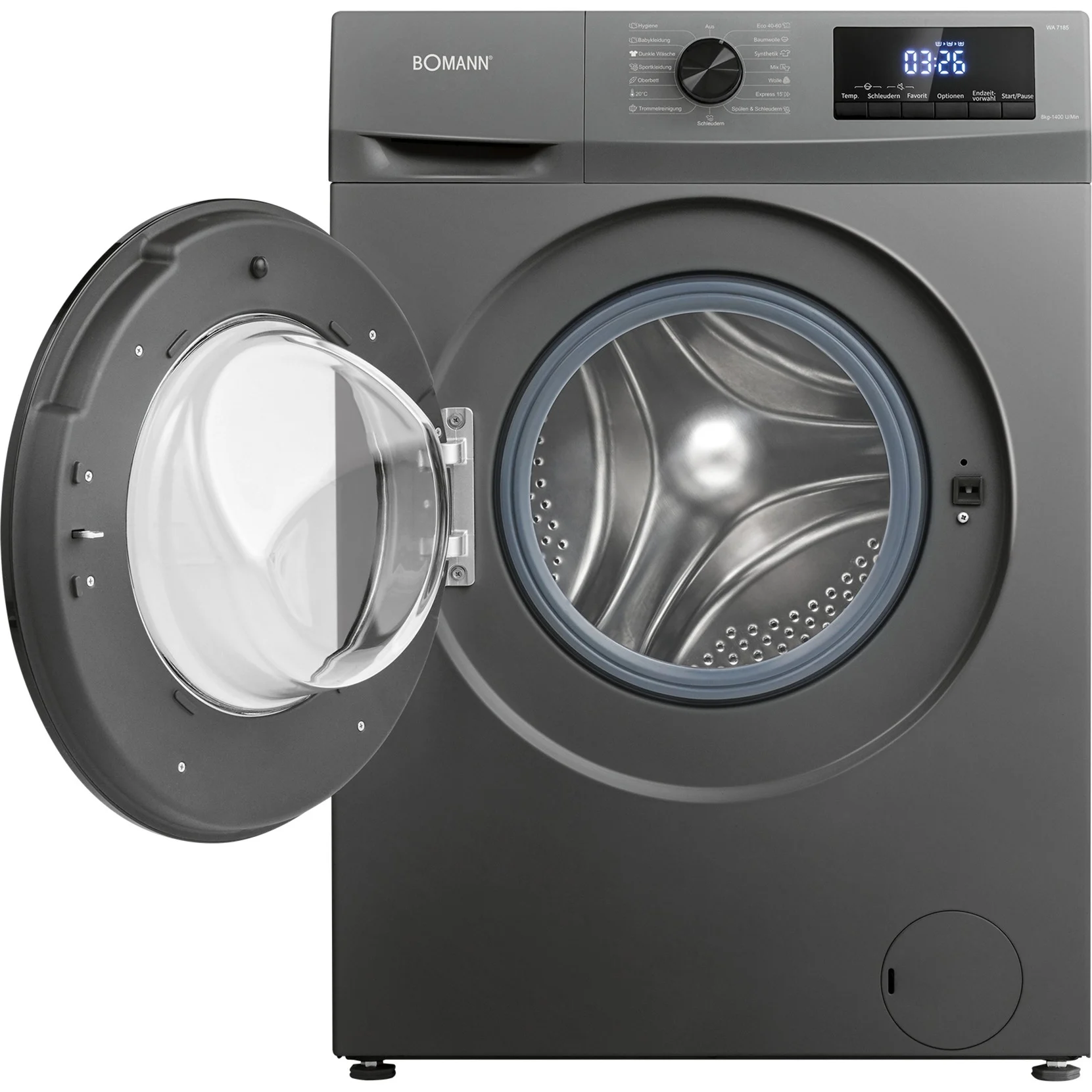 Bomann WA 7185 Waschmaschine 8 kg – Energieklasse A, 15 Programme, 1400 U/Min, titan/schwarz – LED-Display, Endzeitvorwahl 1–24 h, Reversierautomatik & Vollschutzsystem