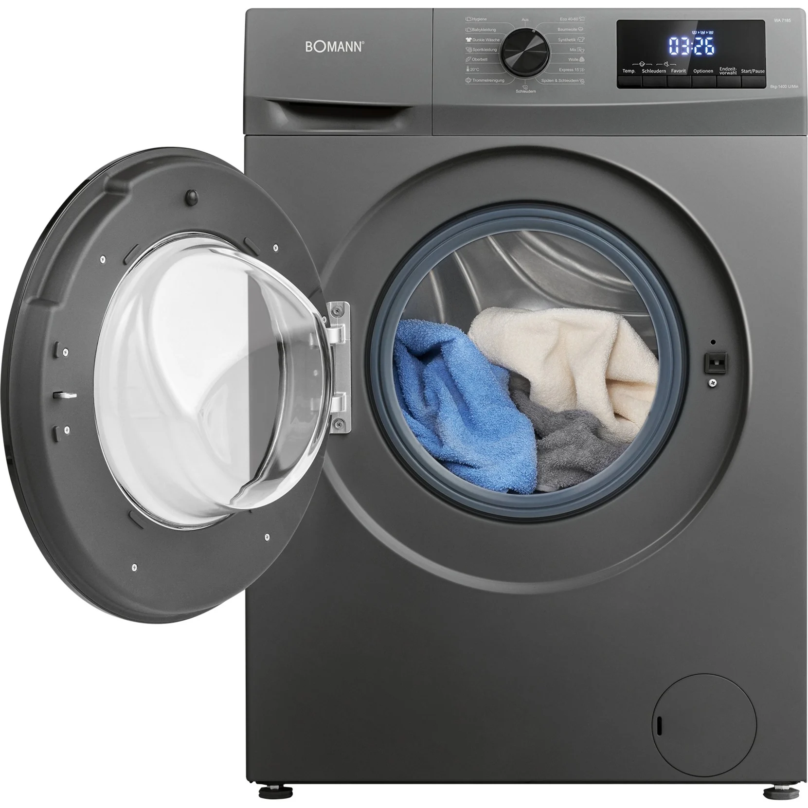 Bomann WA 7185 Waschmaschine 8 kg – Energieklasse A, 15 Programme, 1400 U/Min, titan/schwarz – LED-Display, Endzeitvorwahl 1–24 h, Reversierautomatik & Vollschutzsystem