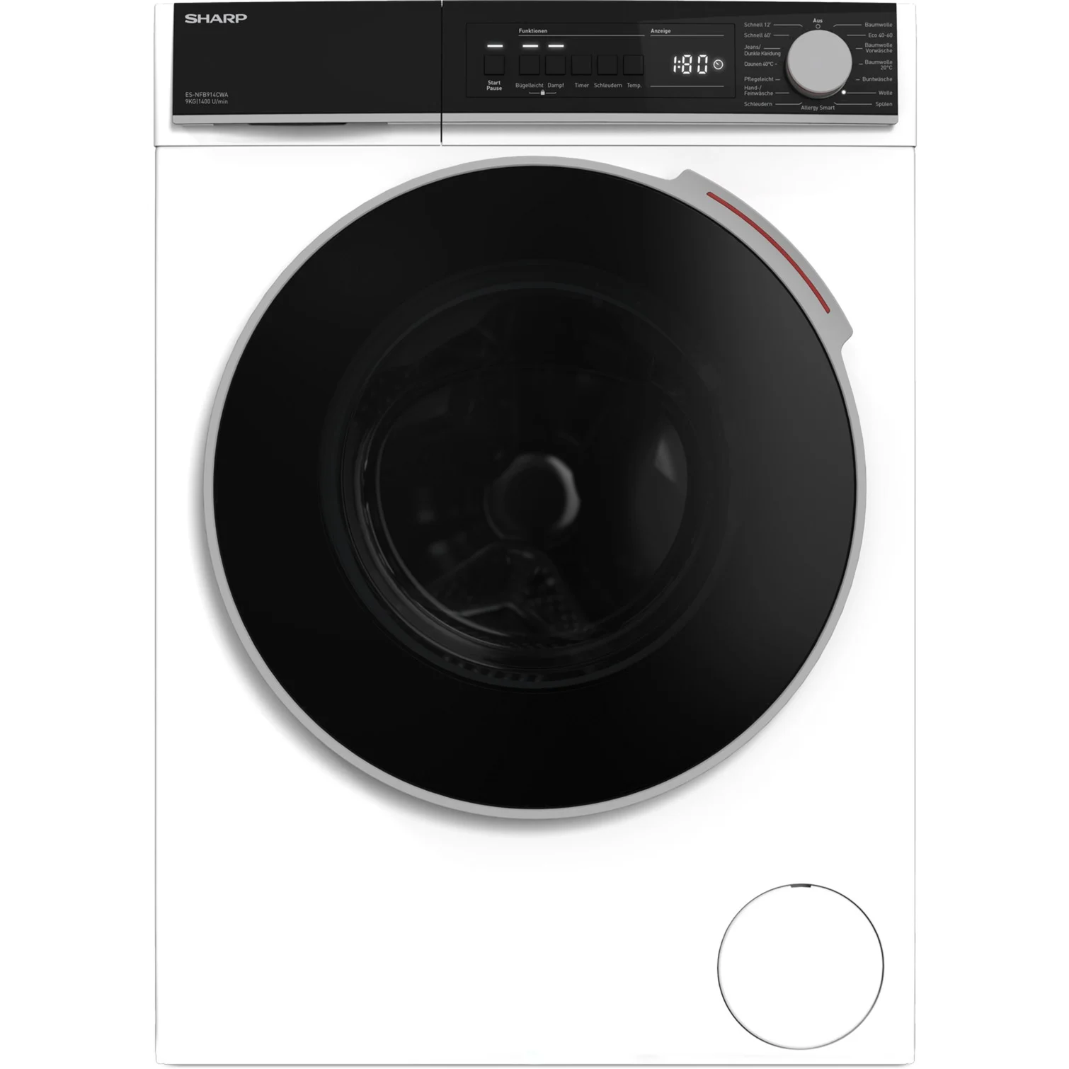 SHARP ES-NFB914CWA-DE Waschmaschine 9 kg – Energieklasse A, Advanced Inverter Motor, AllergySmart, DoubleJet, Steam-Option, 15 Programme, Aquastop – weiß/schwarz