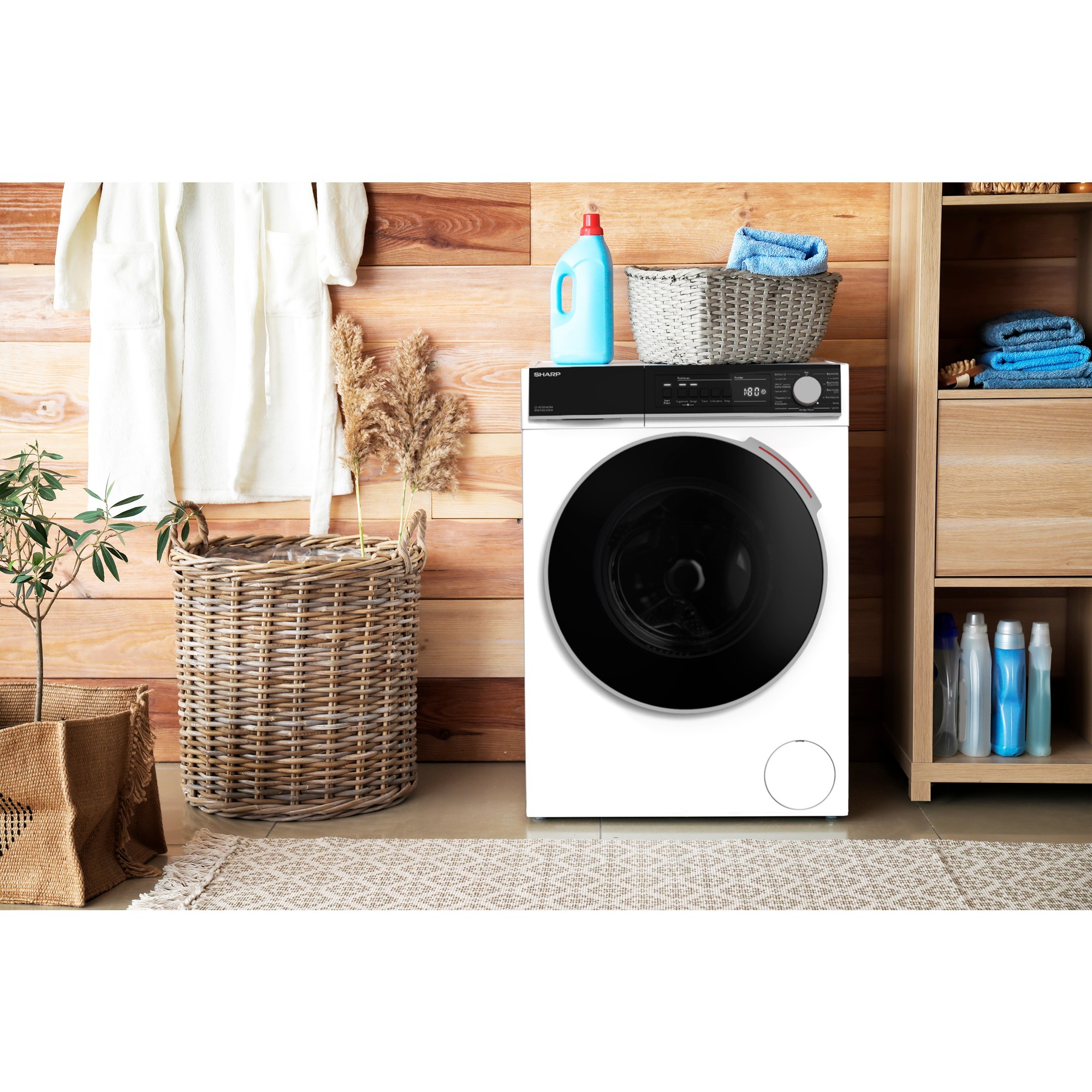 SHARP ES-NFB914CWA-DE Waschmaschine 9 kg – Energieklasse A, Advanced Inverter Motor, AllergySmart, DoubleJet, Steam-Option, 15 Programme, Aquastop – weiß/schwarz